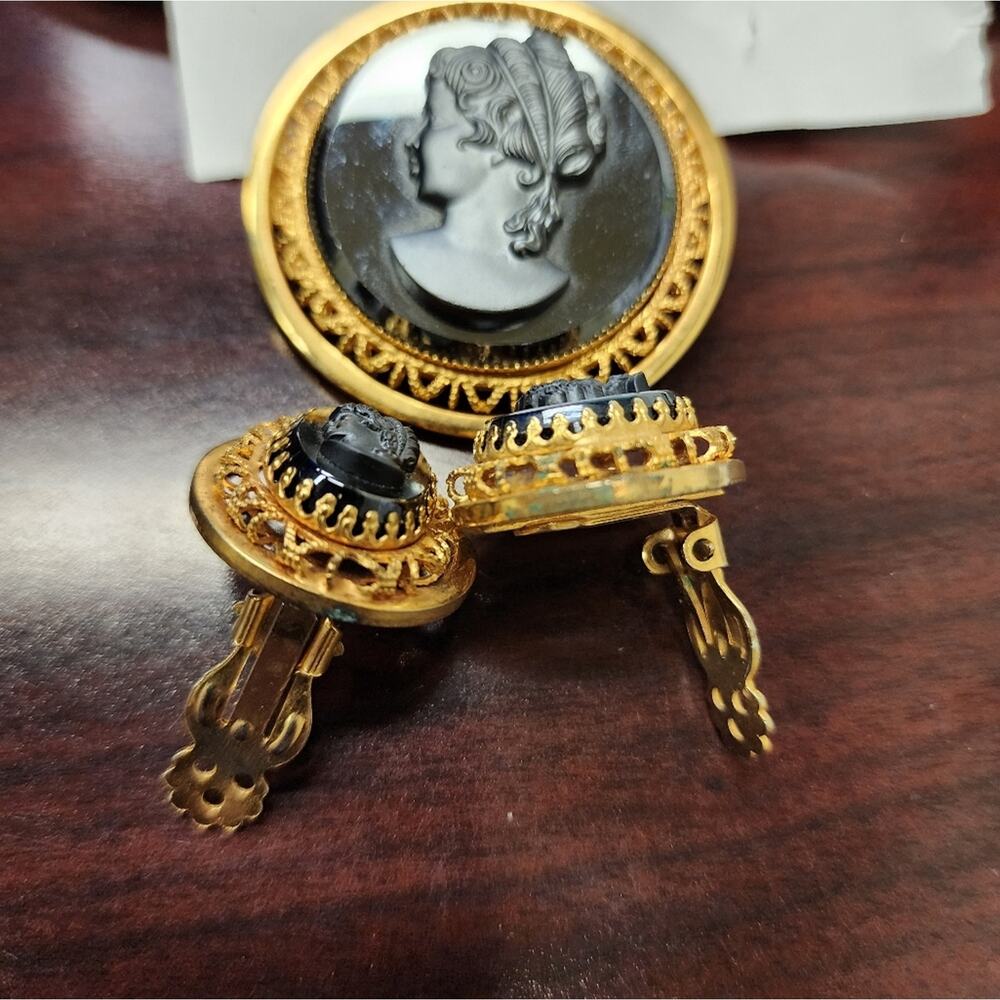 Vintage Cameo Hematite Brooch & Clip Earrings, Filigree Pin Set Germany Style - Picture 2 of 10
